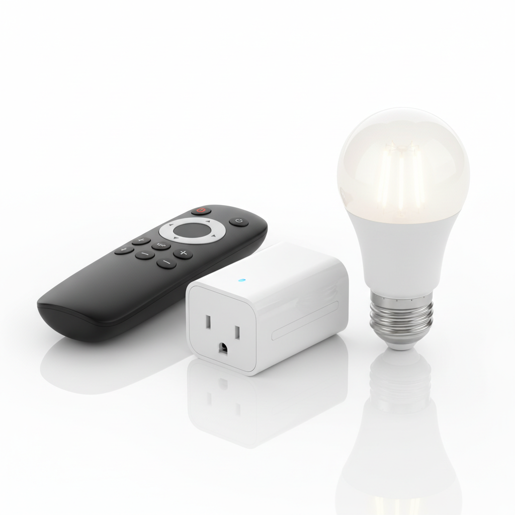 Smart home gadgets on white background