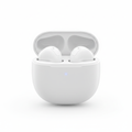 Wireless earbuds with charging case on white background