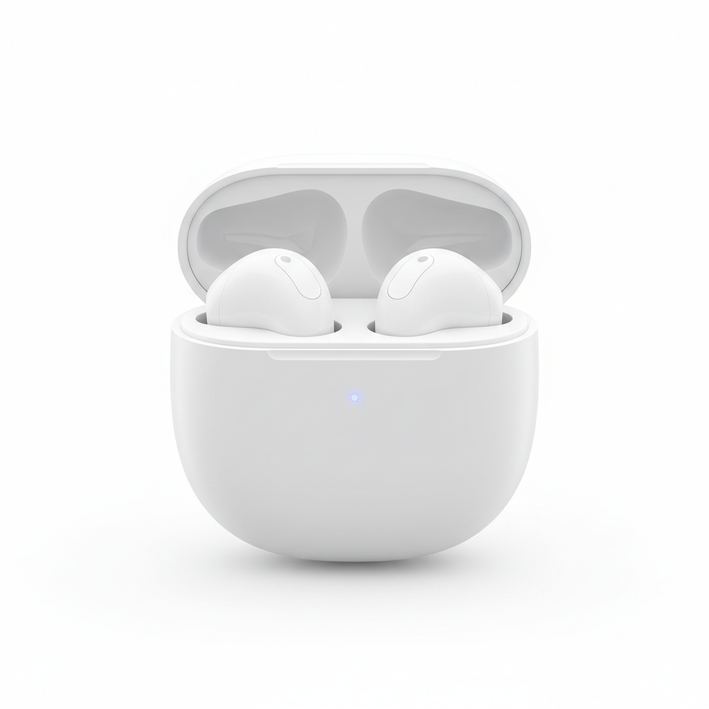 Wireless earbuds with charging case on white background