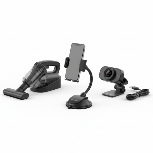 Car accessories collection on white background