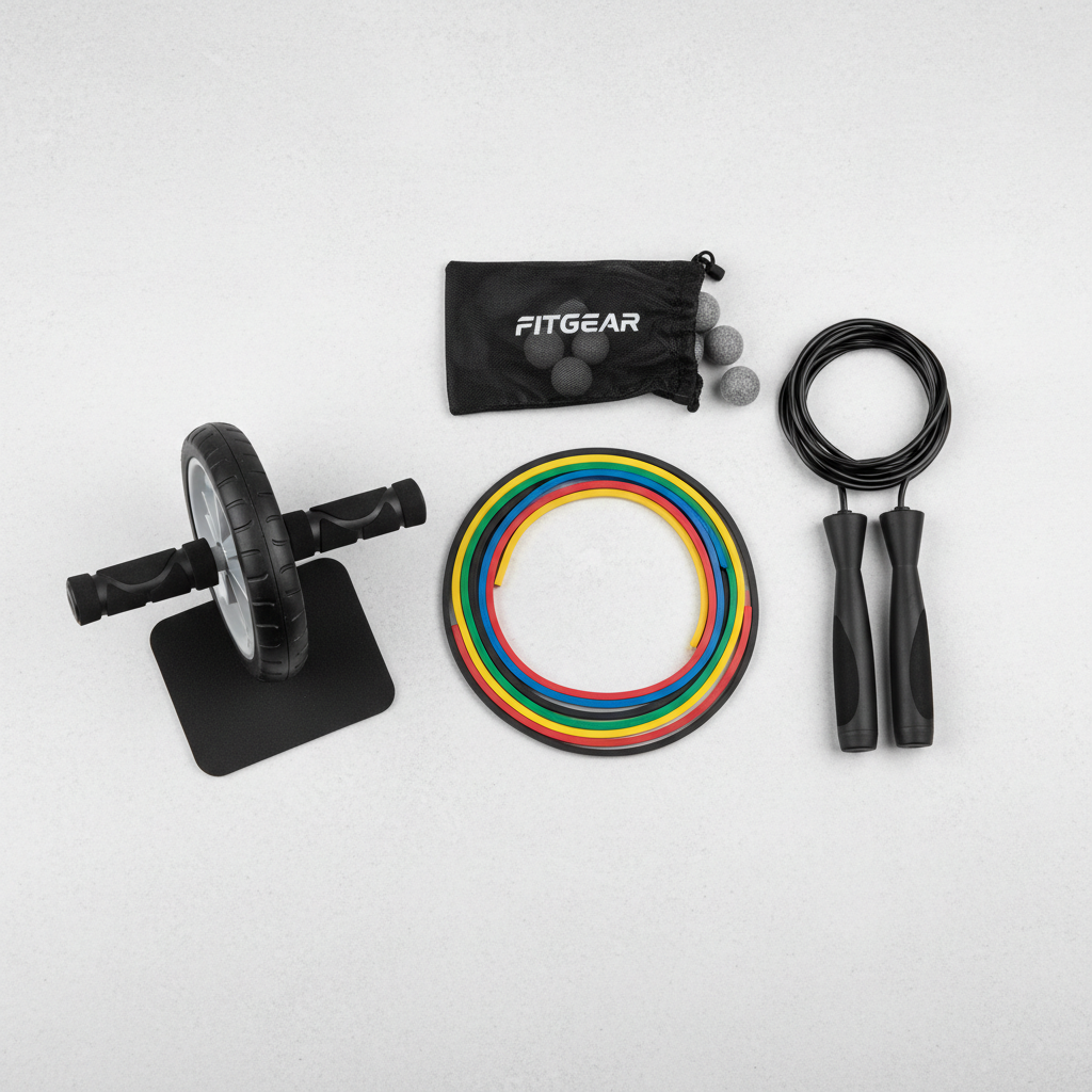 Fitness accessories set on grey background