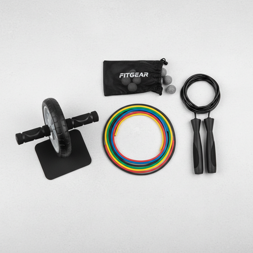 Fitness accessories set on grey background